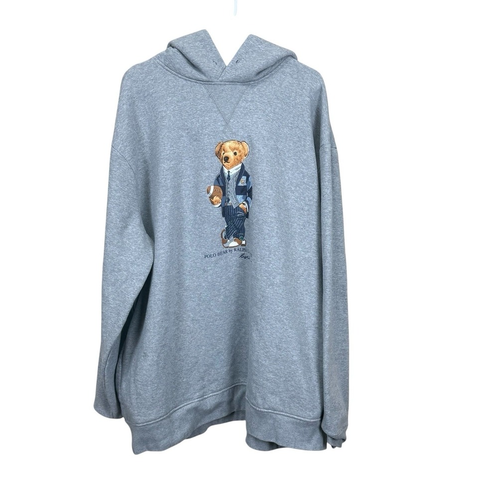 Polo Ralph Lauren 2XLT Grey Football Polo Bear Fleece Pullover Hoodie